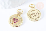 Pendentif médaille coeur laiton doré 18k zircons rouges 21mm, création bijoux fantaisie amour, x1 G6968