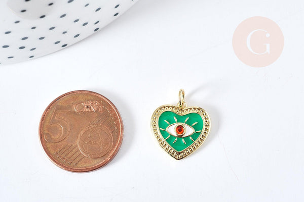 Pendentif médaille coeur oeil émail vert laiton doré 18K et cristal zircon 15mm,pendentif laiton amour , x1 G3355