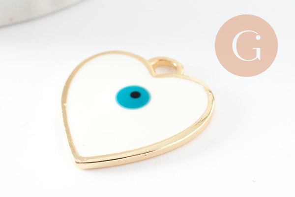 Pendentif médaille coeur oeil protecteur émail laiton doré 18K 22mm, x1 (G4297)