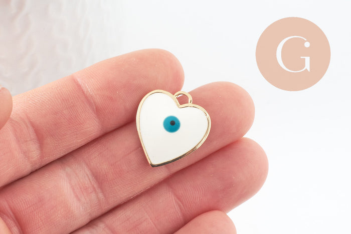 Pendentif médaille coeur oeil protecteur émail laiton doré 18K 22mm, x1 (G4297)