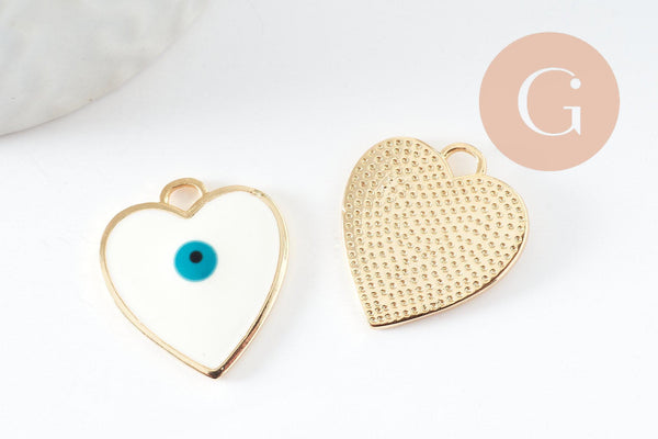 Pendentif médaille coeur oeil protecteur émail laiton doré 18K 22mm, x1 (G4297)