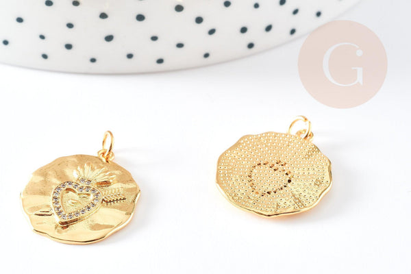 Pendentif médaille coeur sacré laiton doré 18k 22mm sans nickel, pendentif amour, x1 G5958