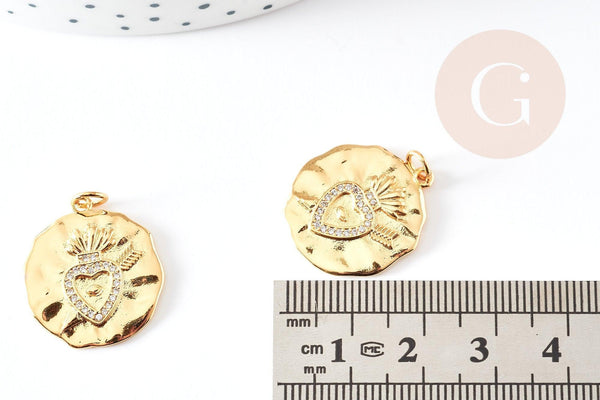 Pendentif médaille coeur sacré laiton doré 18k 22mm sans nickel, pendentif amour, x1 G5958