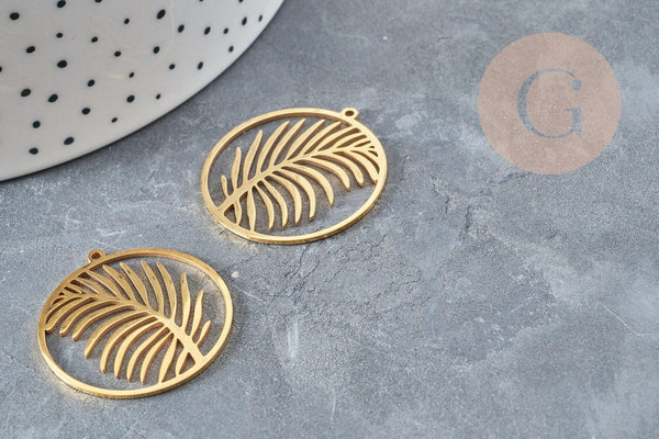 Pendentif médaille feuille palme acier inoxydable 201doré 32mm,breloque acier inoxydable doré sans nickel, x1 (G6189)