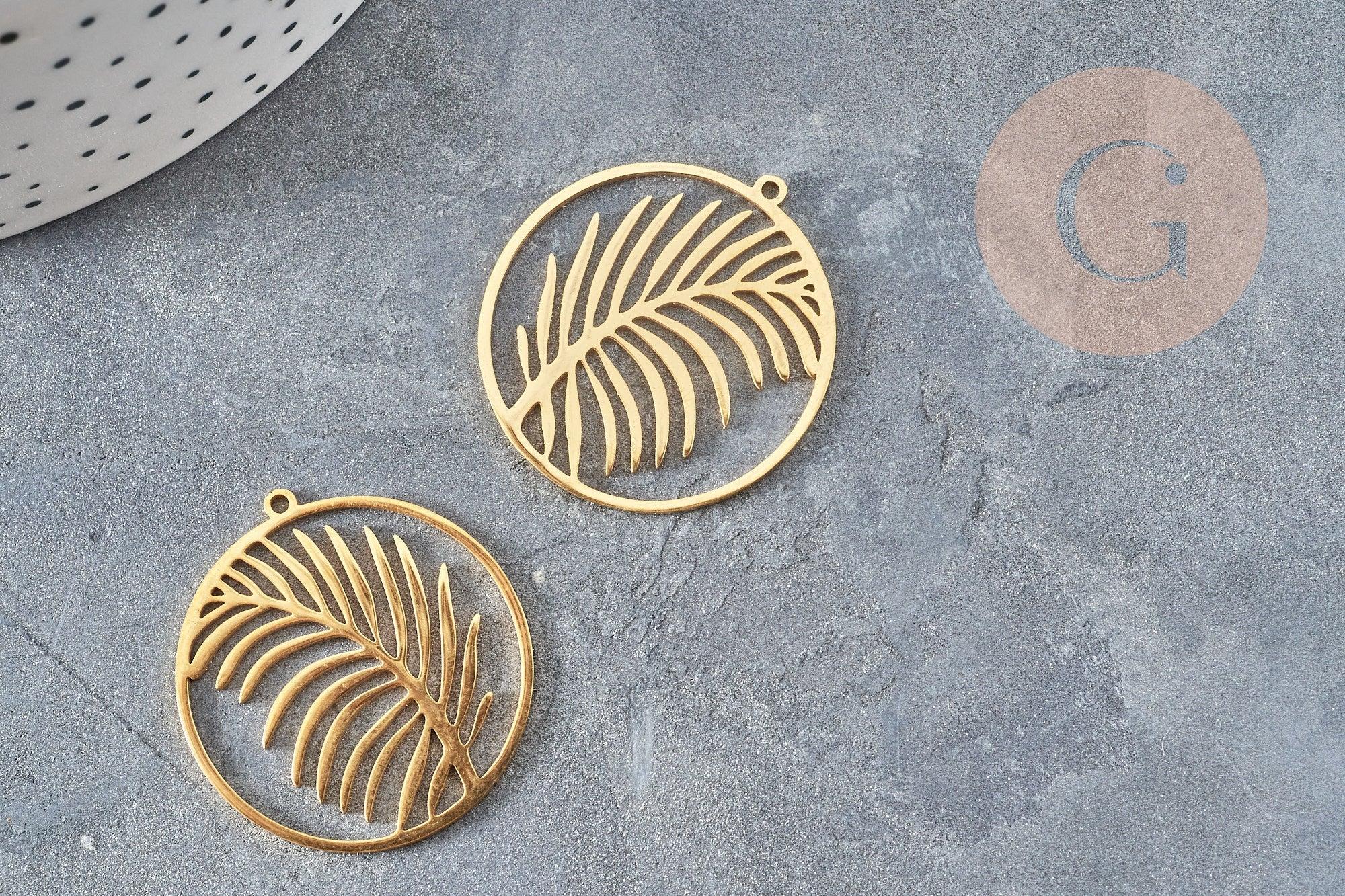 Pendentif médaille feuille palme acier inoxydable 201doré 32mm,breloque acier inoxydable doré sans nickel, x1 (G6189)