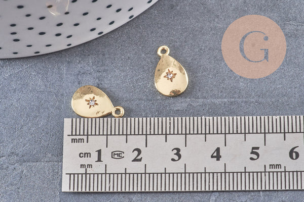 Pendentif médaille goutte zamac doré zircon blanc, pendentif doré sans nickel, création bijoux dorés,14mm, x1 (G5594)