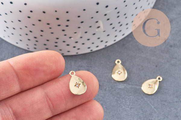 Pendentif médaille goutte zamac doré zircon blanc, pendentif doré sans nickel, création bijoux dorés,14mm, x1 (G5594)