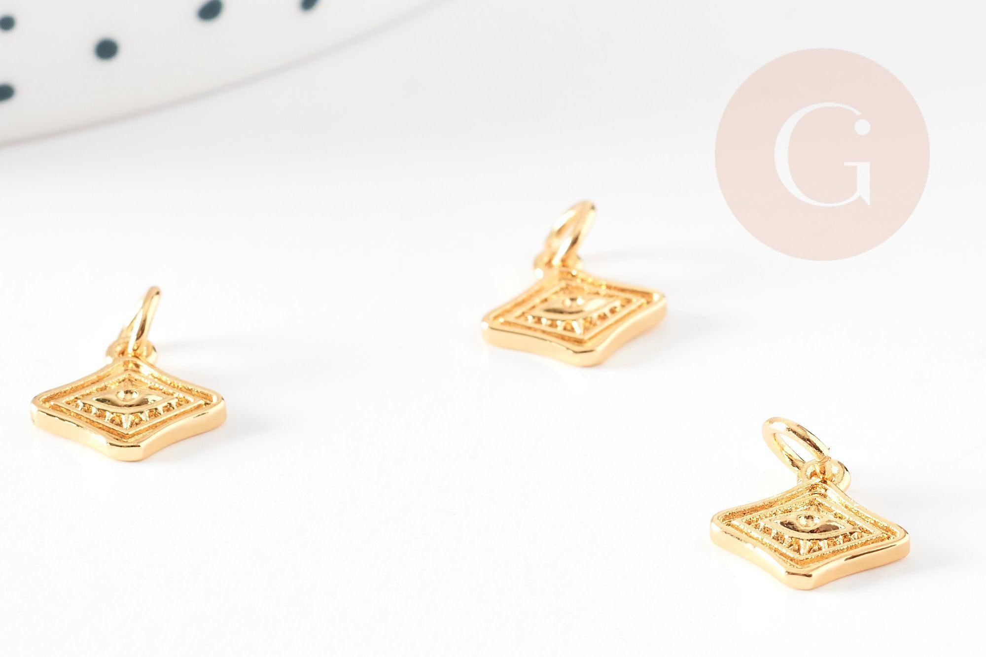 Pendentif médaille losange oeil laiton doré 18K texturé, un pendentif doré sans nickel pour la création,médaille or,10mm, x1 (G4672)