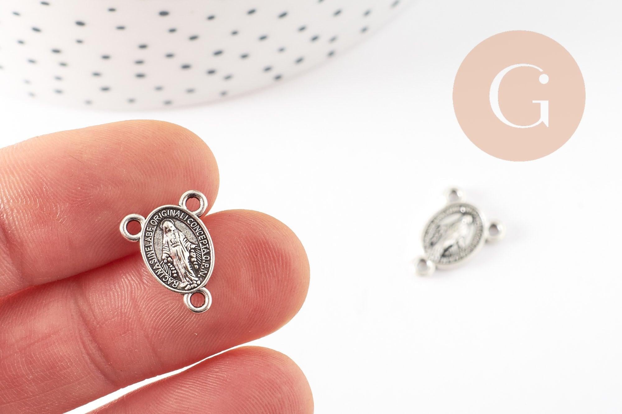 Pendentif médaille ovale Vierge Marie zamac argenté attaches