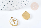 Pendentif médaille ovale croix émaillée acier 304 doré 18K inoxydable 23mm, x1 (G8717)