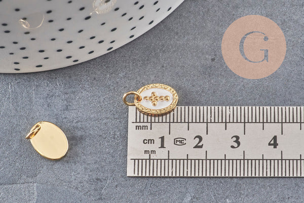 Pendentif médaille ovale croix laiton doré 12mm, x1 (G2949)