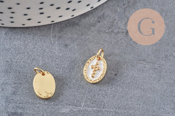 Pendentif médaille ovale croix laiton doré, pendentif laiton, pendentif religion,sans nickel, notre dame, madonne,12mm, x1 (G2949)