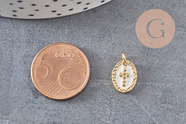 Pendentif médaille ovale croix laiton doré, pendentif laiton, pendentif religion,sans nickel, notre dame, madonne,12mm, x1 (G2949)