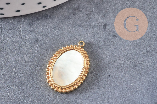 Pendentif médaille ovale nacre naturelle acier 304 inoxydable doré IP 21mm, x1 (G10752)