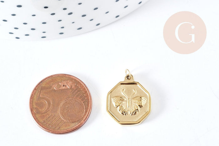 Pendentif médaille papillon acier 316L inoxydable doré 18mm, x1 (G8735)
