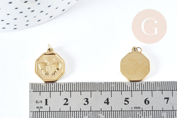 Pendentif médaille papillon acier 316L inoxydable doré 18mm, x1 (G8735)