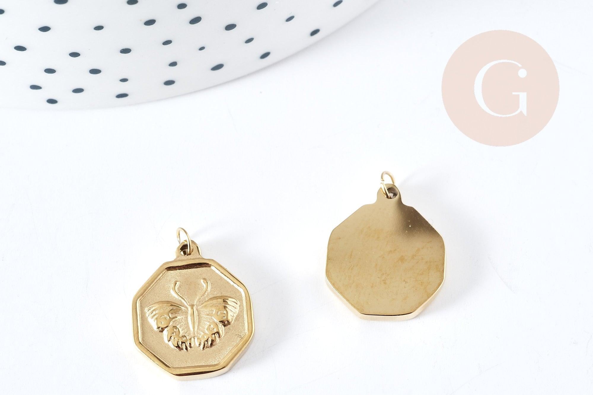 Pendentif médaille papillon acier 316L inoxydable doré 18mm, x1 (G8735)