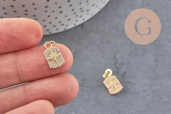 Pendentif médaille rectangle étoile laiton doré zircons, un pendentif doré avec cristaux pour création bijoux,14.5mm, x1 (G3484)