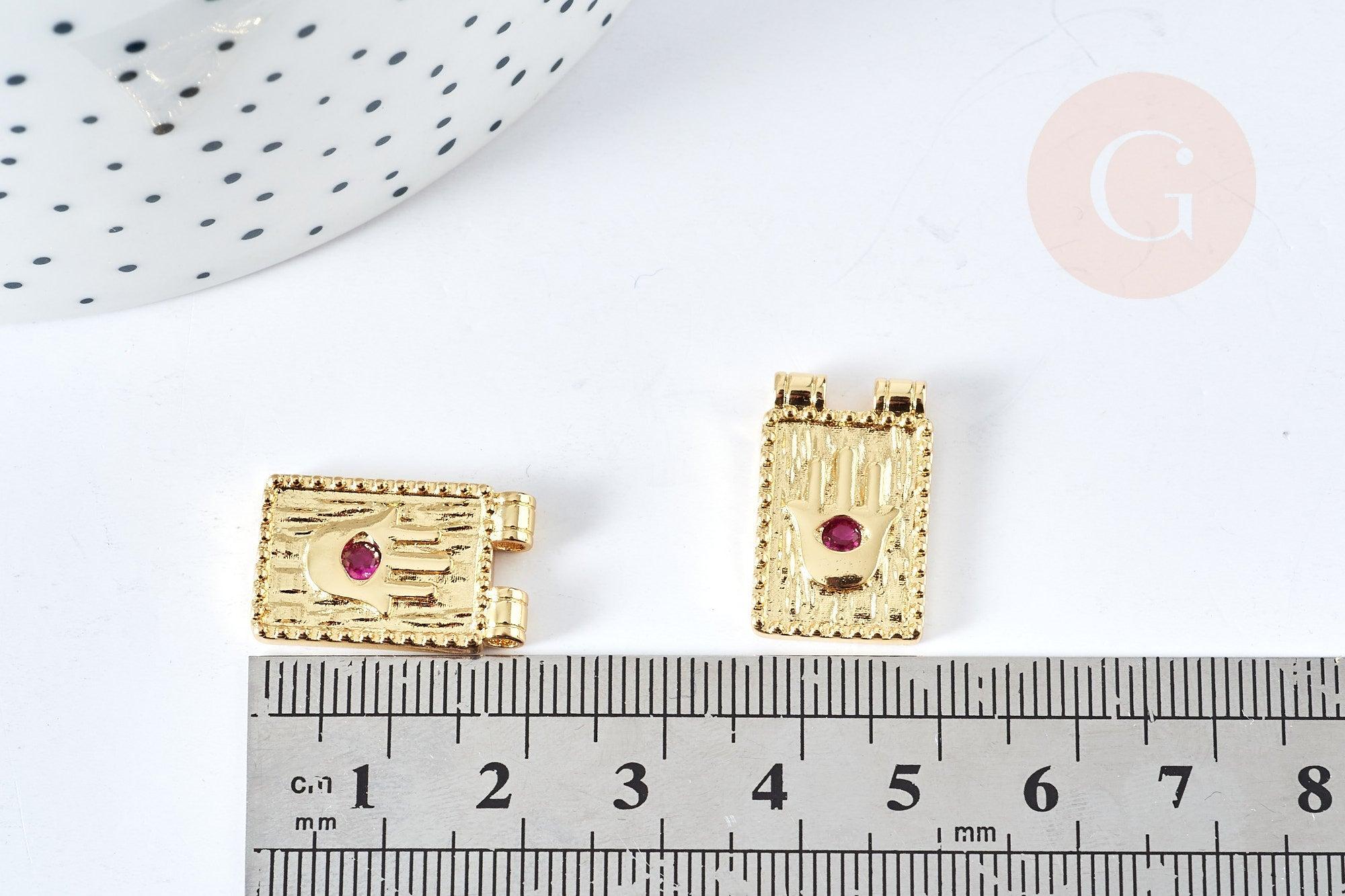 Pendentif médaille rectangle main fatma chance laiton doré zircon 21mm, pendentif or avec cristaux création de bijoux, x1 G7674