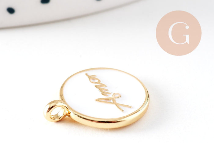 Pendentif médaille rond AMOR émail noir ou blanc laiton doré 20.5mm, x1 (G10823)