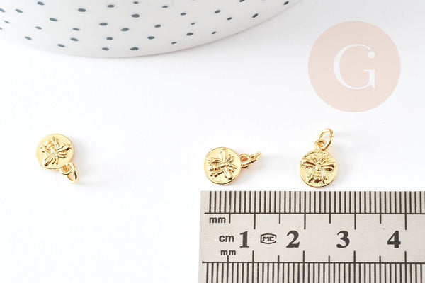 Pendentif médaille rond abeille laiton doré 10mm, x1 (G3371)