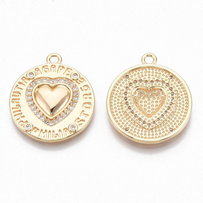 Pendentif médaille rond coeur émail laiton doré 18K et zircon 23.5mm, x1 (G3589)
