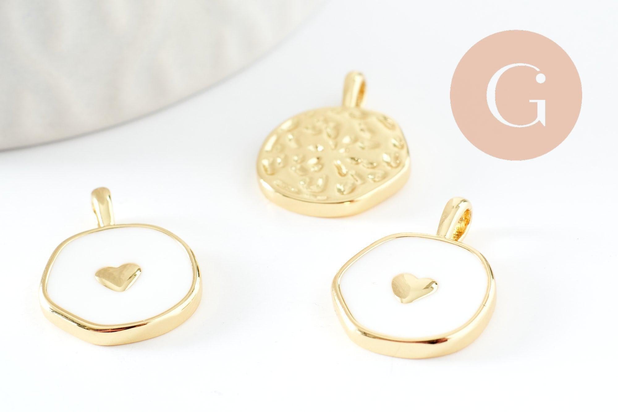 Pendentif médaille rond coeur émail laiton doré et zircon 18mm, x1 (G3645)