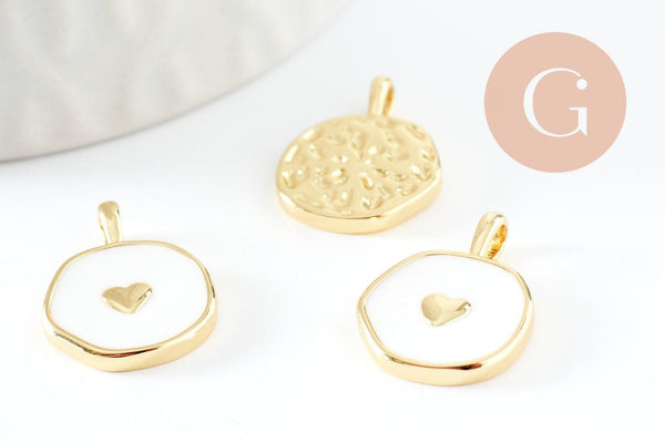 Pendentif médaille rond coeur émail laiton doré et zircon 18mm, x1 (G3645)
