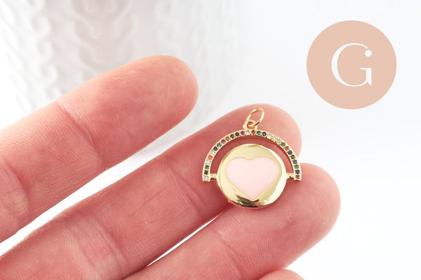 Pendentif médaille rond coeur émail laiton doré et zircon, pendentif laiton amour sans nickel,21mm, x1 (G6191)