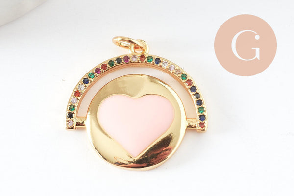 Pendentif médaille rond coeur émail laiton doré et zircon, pendentif laiton amour sans nickel,21mm, x1 (G6191)