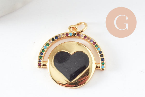 Pendentif médaille rond coeur émail laiton doré et zircon, pendentif laiton amour sans nickel,21mm, x1 (G6191)