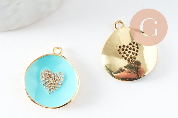 Pendentif médaille rond coeur émail laiton doré et zircon, pendentif laiton coeur,sans nickel,23mm, x1 (G4824)