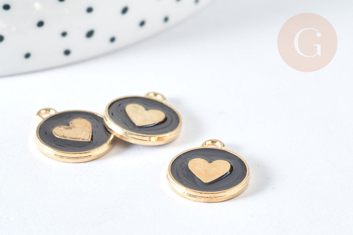 Pendentif médaille rond cœur émail noir zamac doré, création bijou amour, x1 (G7421)