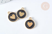 Pendentif médaille rond cœur émail noir zamac doré, création bijou amour, x1 (G7421)