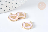 Pendentif médaille rond cœur émail rose clair zamac doré, création bijou amour, x1 (G7423)