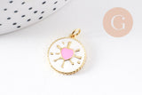 Pendentif médaille rond coeur émail rose laiton doré 18K 18mm , pendentif laiton coeur,sans nickel, x1 (G8420)
