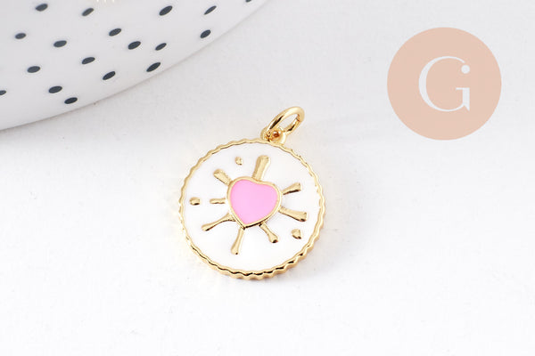 Pendentif médaille rond coeur émail rose laiton doré 18K 18mm , pendentif laiton coeur,sans nickel, x1 (G8420)
