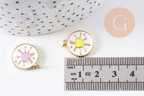 Pendentif médaille rond coeur émail rose laiton doré 18K 18mm , pendentif laiton coeur,sans nickel, x1 (G8420)