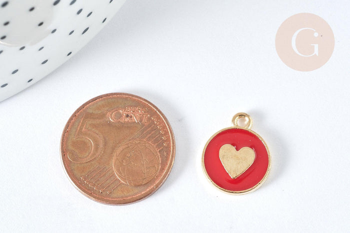 Pendentif médaille rond cœur émail rouge zamac doré, création bijou amour, x1 (G7425)