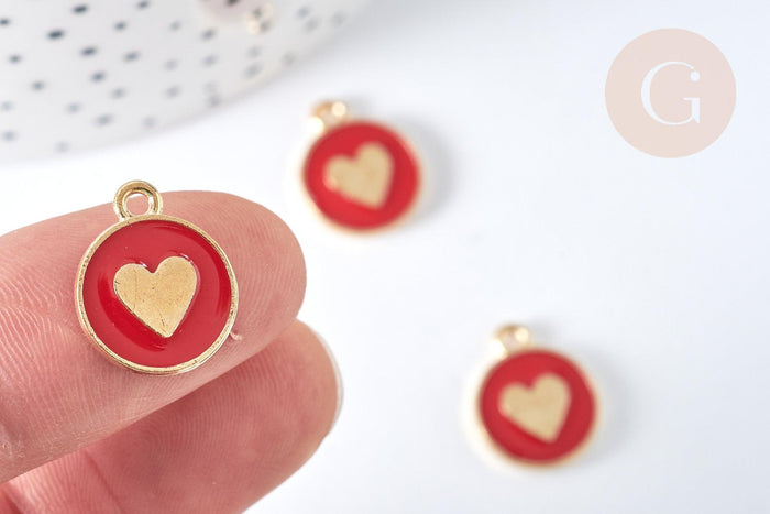 Pendentif médaille rond cœur émail rouge zamac doré, création bijou amour, x1 (G7425)