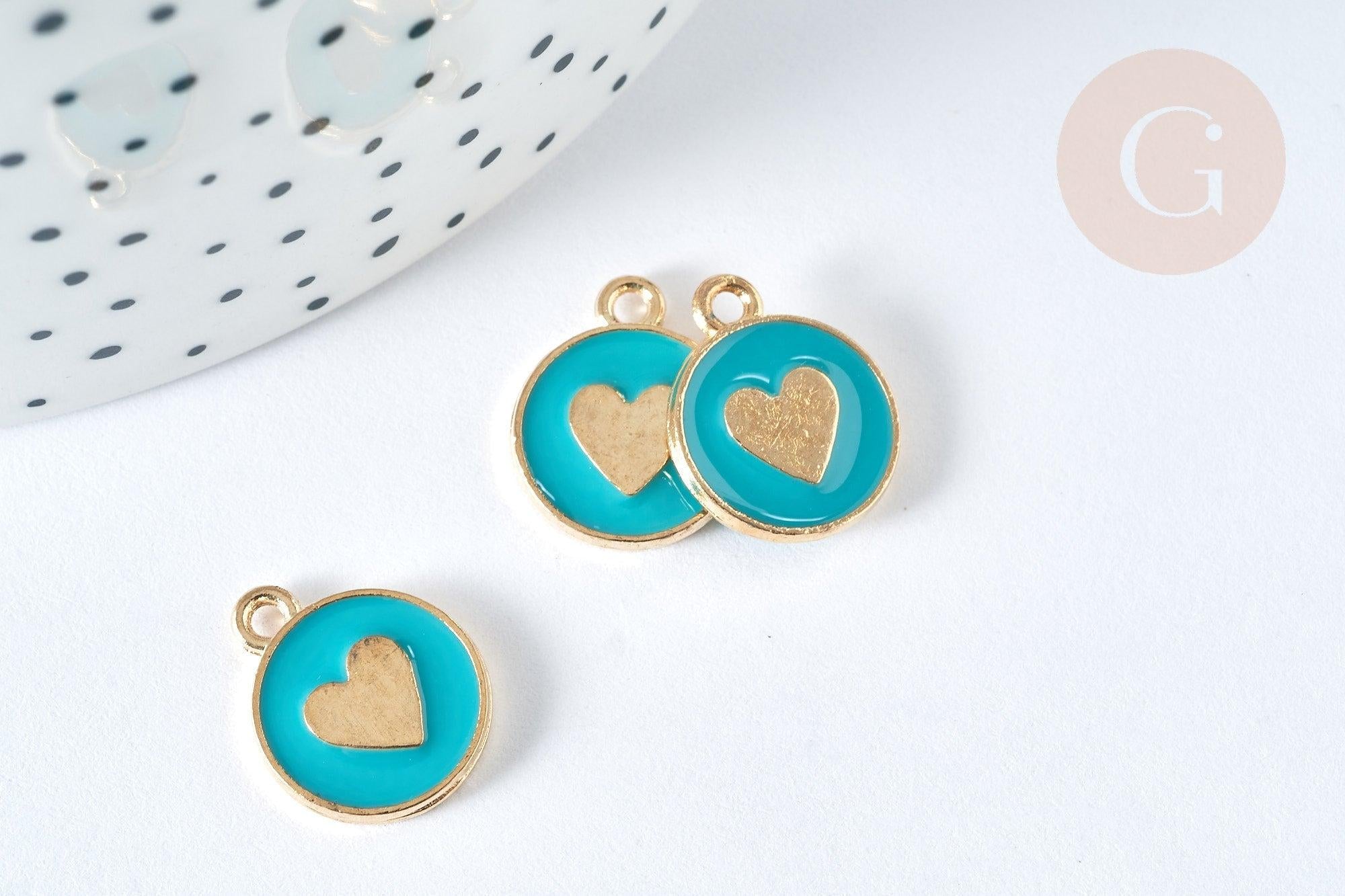 Pendentif médaille rond cœur émail turquoise zamac doré, création bijou amour, x1 (G7422)