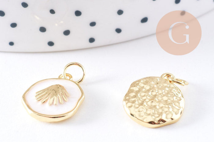 Pendentif médaille rond coquillage émail blanc laiton doré 15.5mm, x1 (G10623)