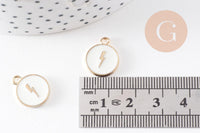 Pendentif médaille rond éclair émail blanc zamac doré 16mm, x2 (G9905)