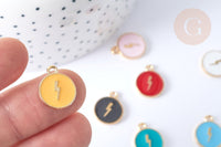 Pendentif médaille rond éclair émail zamac doré 16mm, x1 (G7943)