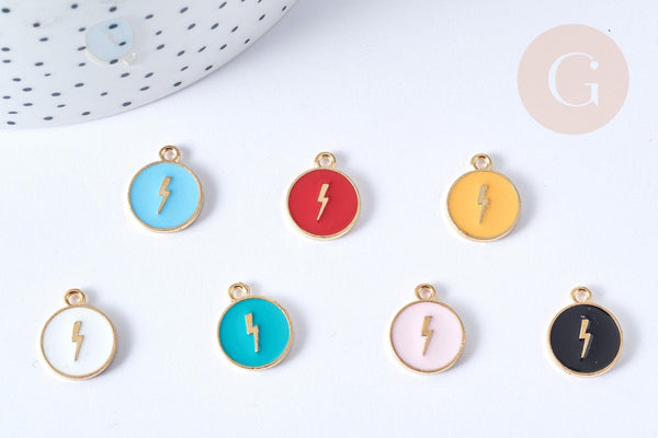 Pendentif médaille rond éclair émail zamac doré 16mm, x1 (G7943)