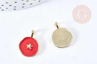 Pendentif médaille rond étoile émail rouge laiton doré 18mm, pendentif laiton émaillé,sans nickel, x1 G8549