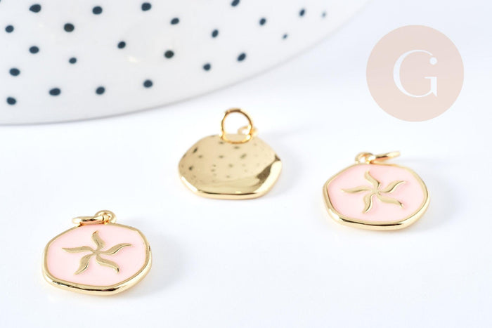 Pendentif médaille rond fleur émail rose clair laiton doré 18mm, pendentif laiton émaillé,sans nickel, x1 G8551