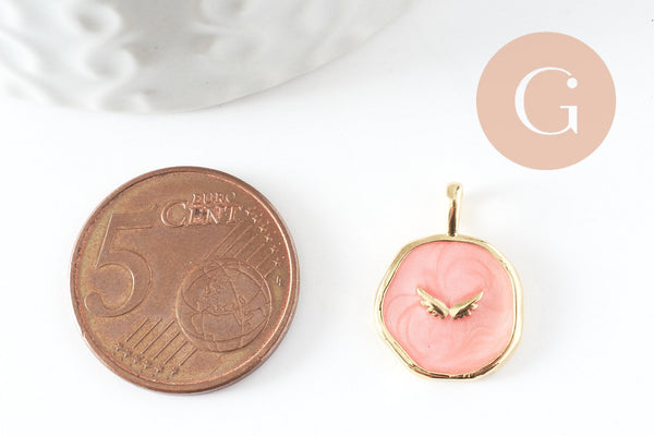 Pendentif médaille rond lune émail rose doré, pendentif lune laiton émaillé,sans nickel,18mm, x1 (G4270)