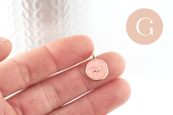 Pendentif médaille rond lune émail rose doré, pendentif lune laiton émaillé,sans nickel,18mm, x1 (G4270)