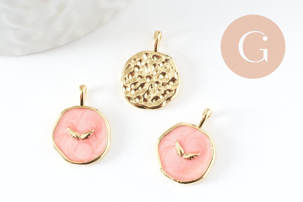 Pendentif médaille rond lune émail rose doré, pendentif lune laiton émaillé,sans nickel,18mm, x1 (G4270)